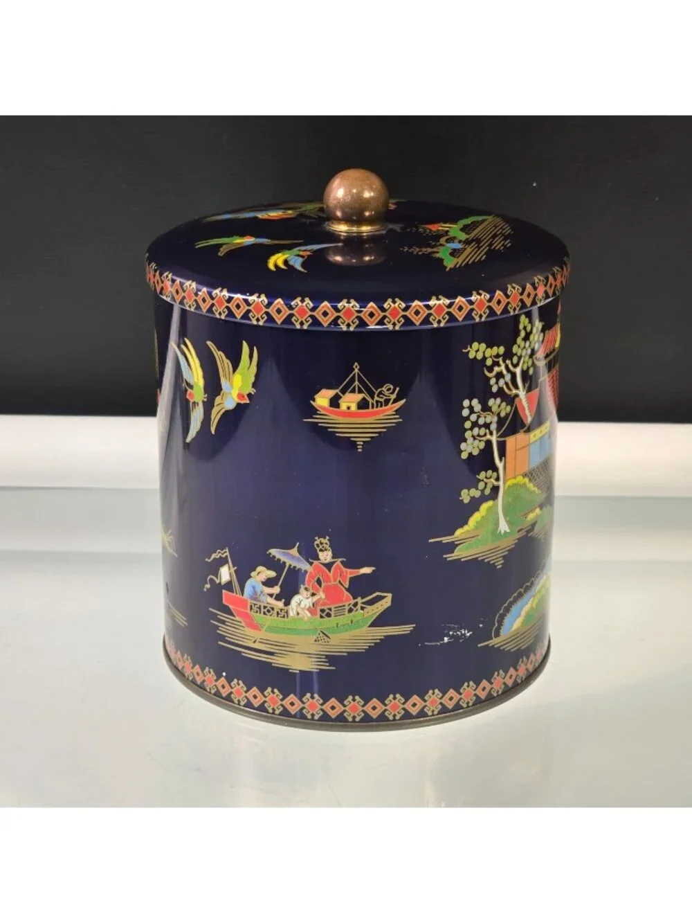 Vintage Daher Design Candy Biscuit Tin Made in England Navy Blue Asian Themed